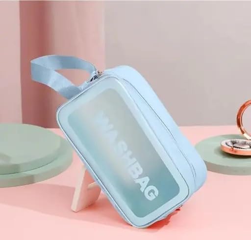 KUKLAR Wash Bag Pouch for Travel Kit Toiletry Bag Cosmetic Bag Make Up Box for Brushes,Accessories with Handle,Large Capacity Translucent Waterproof Travel Storage OrganizerSet of 3(Sky Blue)