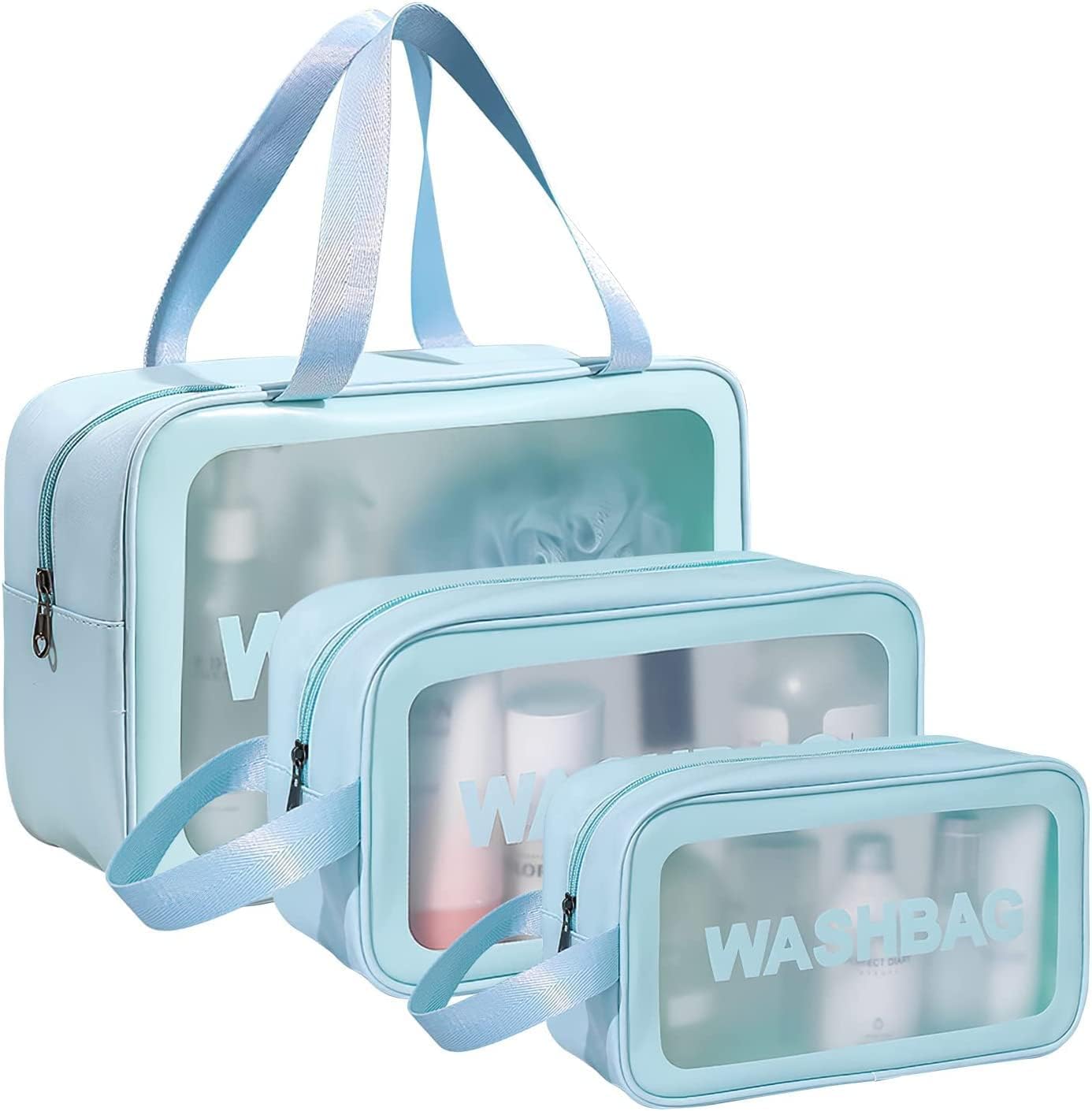 KUKLAR Wash Bag Pouch for Travel Kit Toiletry Bag Cosmetic Bag Make Up Box for Brushes,Accessories with Handle,Large Capacity Translucent Waterproof Travel Storage OrganizerSet of 3(Sky Blue)
