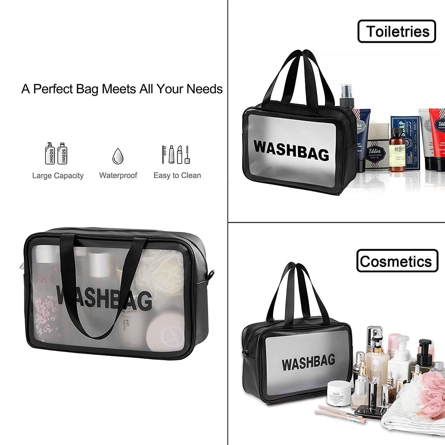 KUKLAR Wash Bag Pouch for Travel Kit Toiletry Bag Cosmetic Bag Make Up Box for Brushes,Accessories with Handle,Large Capacity Translucent Waterproof Travel Storage OrganizerSet of 3(Sky Blue)