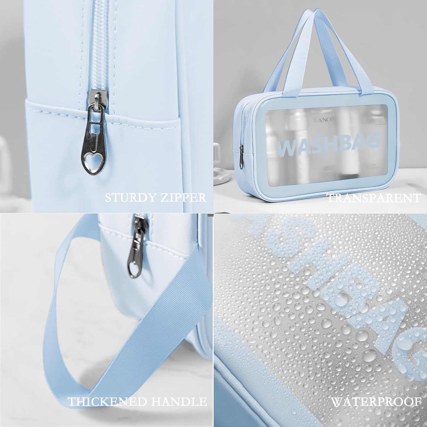 KUKLAR Wash Bag Pouch for Travel Kit Toiletry Bag Cosmetic Bag Make Up Box for Brushes,Accessories with Handle,Large Capacity Translucent Waterproof Travel Storage OrganizerSet of 3(Sky Blue)