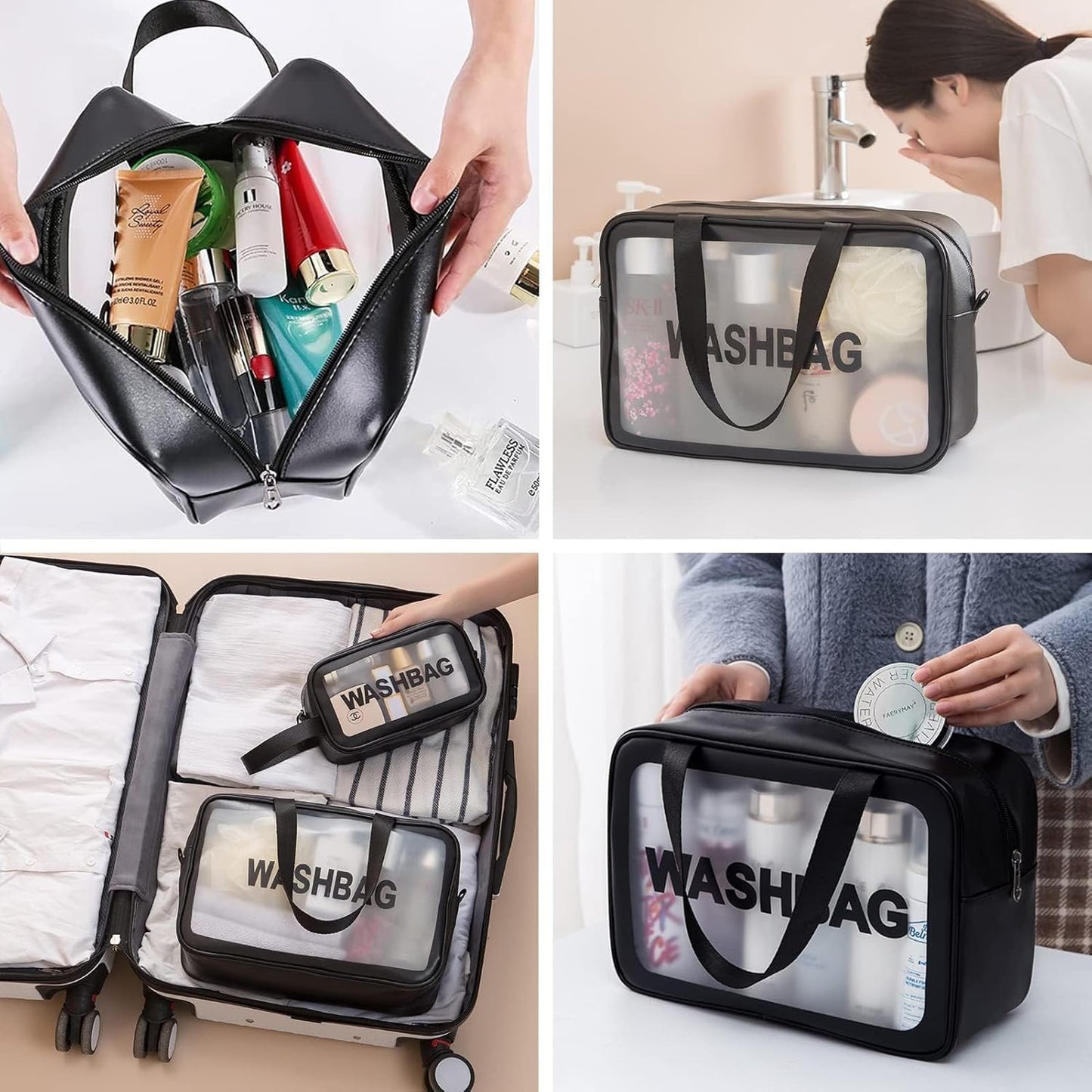 KUKLAR Wash Bag Pouch for Travel Kit Toiletry Bag Cosmetic Bag Make Up Box for Brushes,Accessories with Handle,Large Capacity Translucent Waterproof Travel Storage OrganizerSet of 3(Sky Blue)