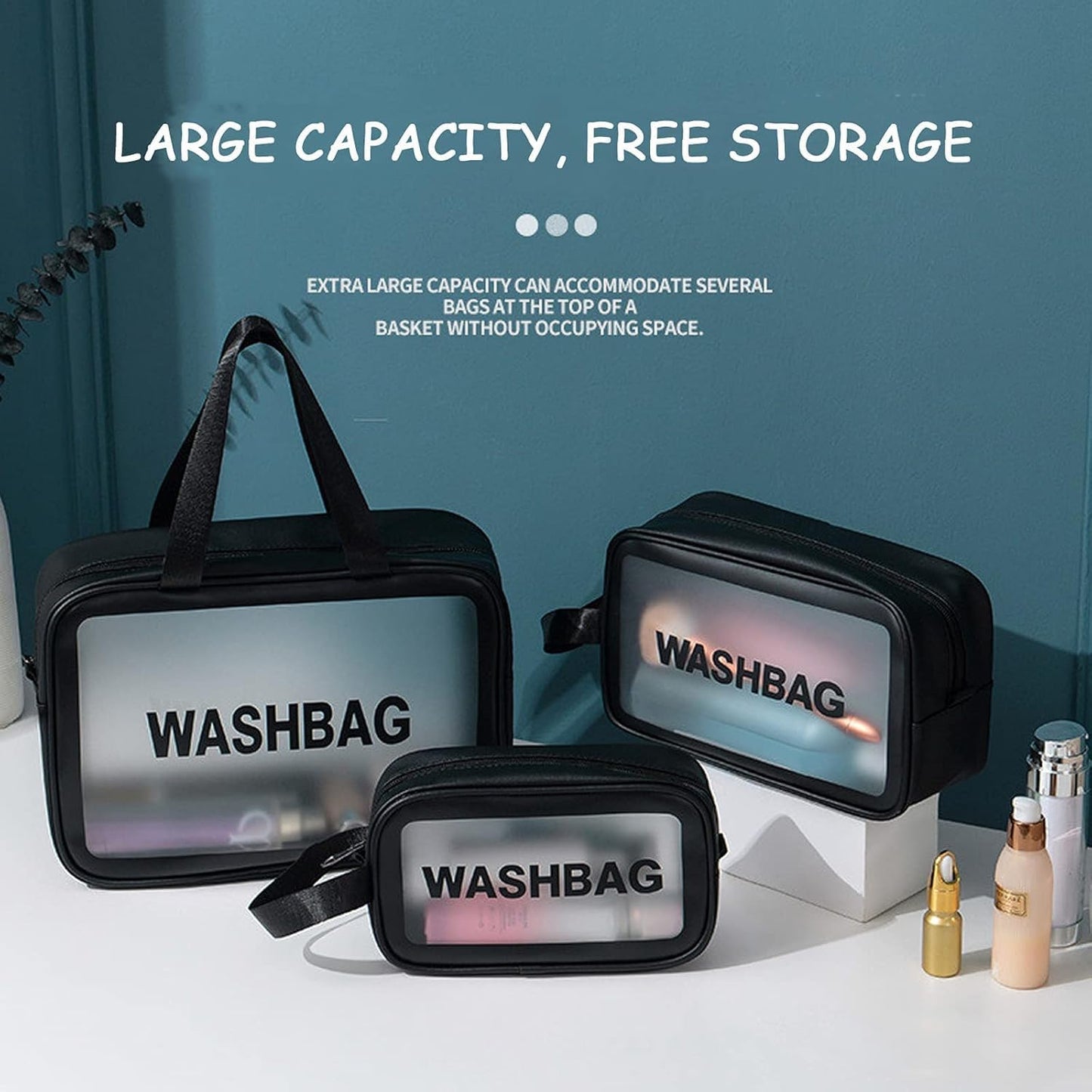 KUKLAR Wash Bag Pouch for Travel Kit Toiletry Bag Cosmetic Bag Make Up Box for Brushes,Accessories with Handle,Large Capacity Translucent Waterproof Travel Storage OrganizerSet of 3(Sky Blue)