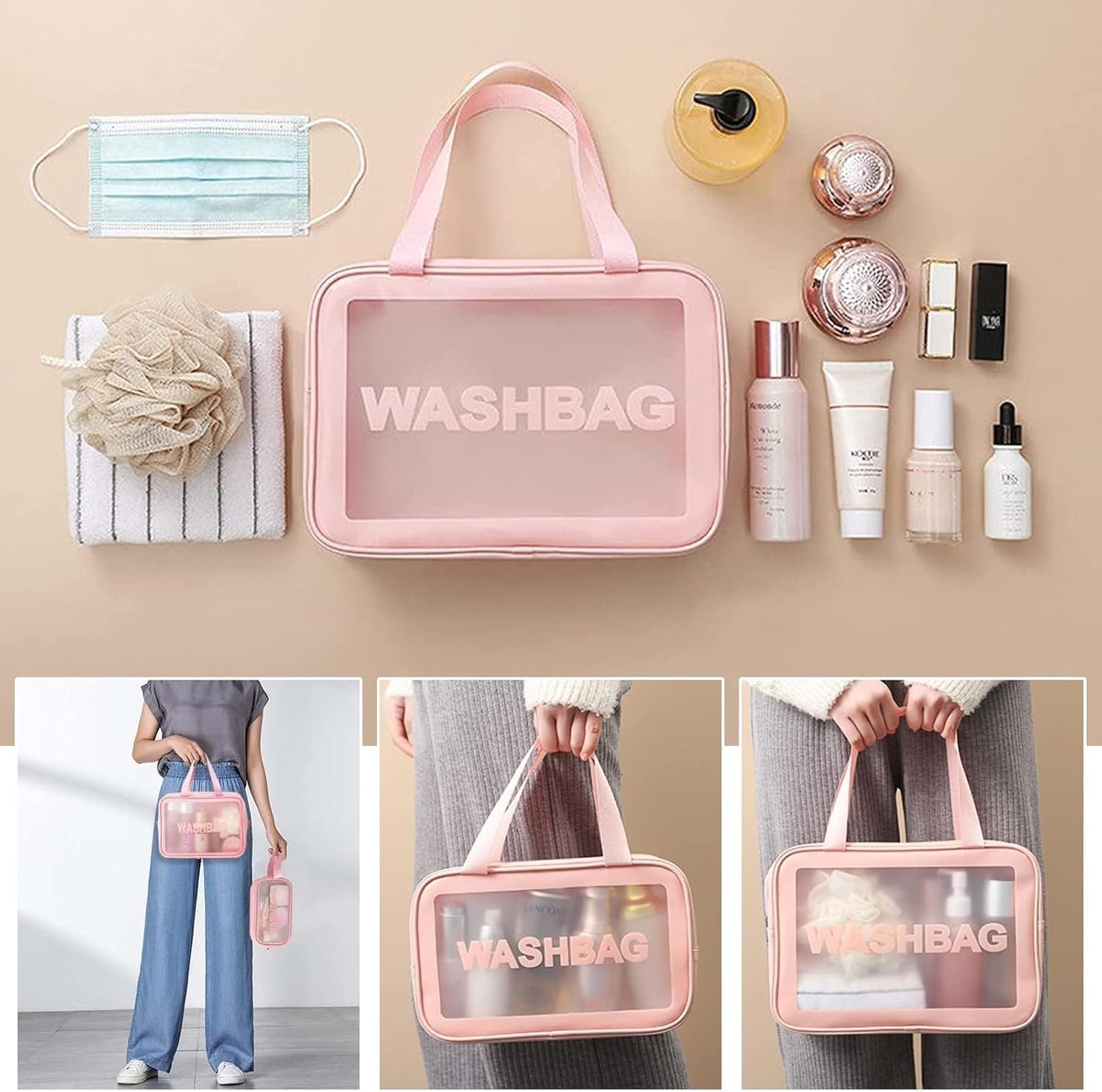 KUKLAR Wash Bag Pouch for Travel Kit Toiletry Bag Cosmetic Bag Make Up Box for Brushes,Accessories with Handle,Large Capacity Translucent Waterproof Travel Storage OrganizerSet of 3(Sky Blue)