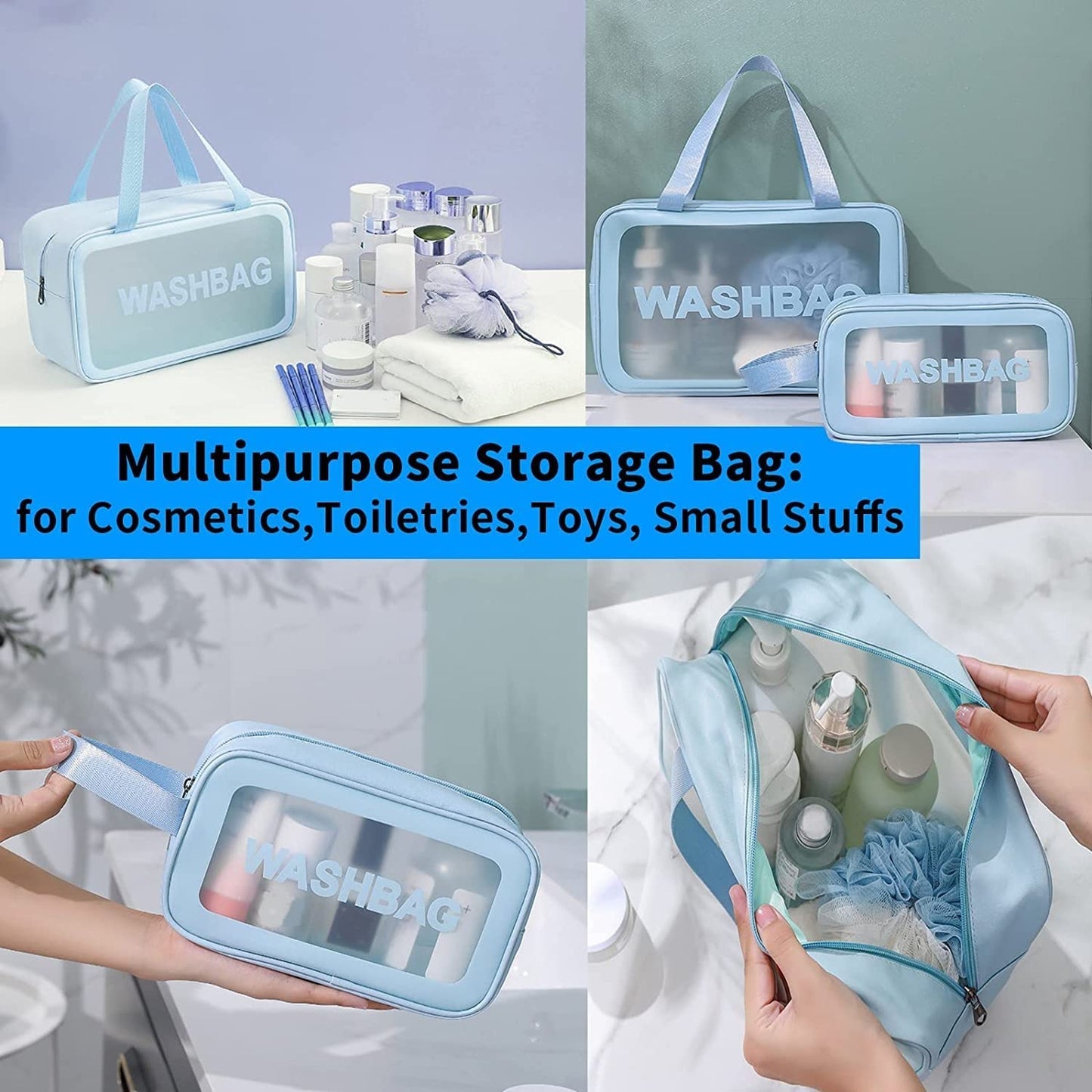 KUKLAR Wash Bag Pouch for Travel Kit Toiletry Bag Cosmetic Bag Make Up Box for Brushes,Accessories with Handle,Large Capacity Translucent Waterproof Travel Storage OrganizerSet of 3(Sky Blue)