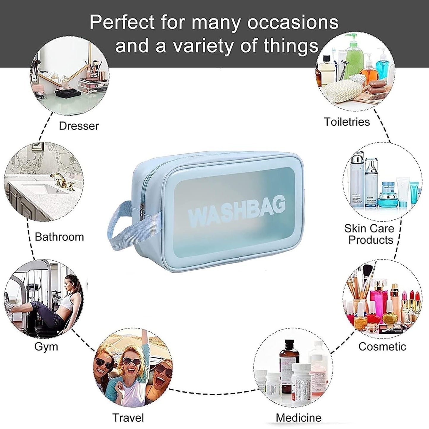 KUKLAR Wash Bag Pouch for Travel Kit Toiletry Bag Cosmetic Bag Make Up Box for Brushes,Accessories with Handle,Large Capacity Translucent Waterproof Travel Storage OrganizerSet of 3(Sky Blue)