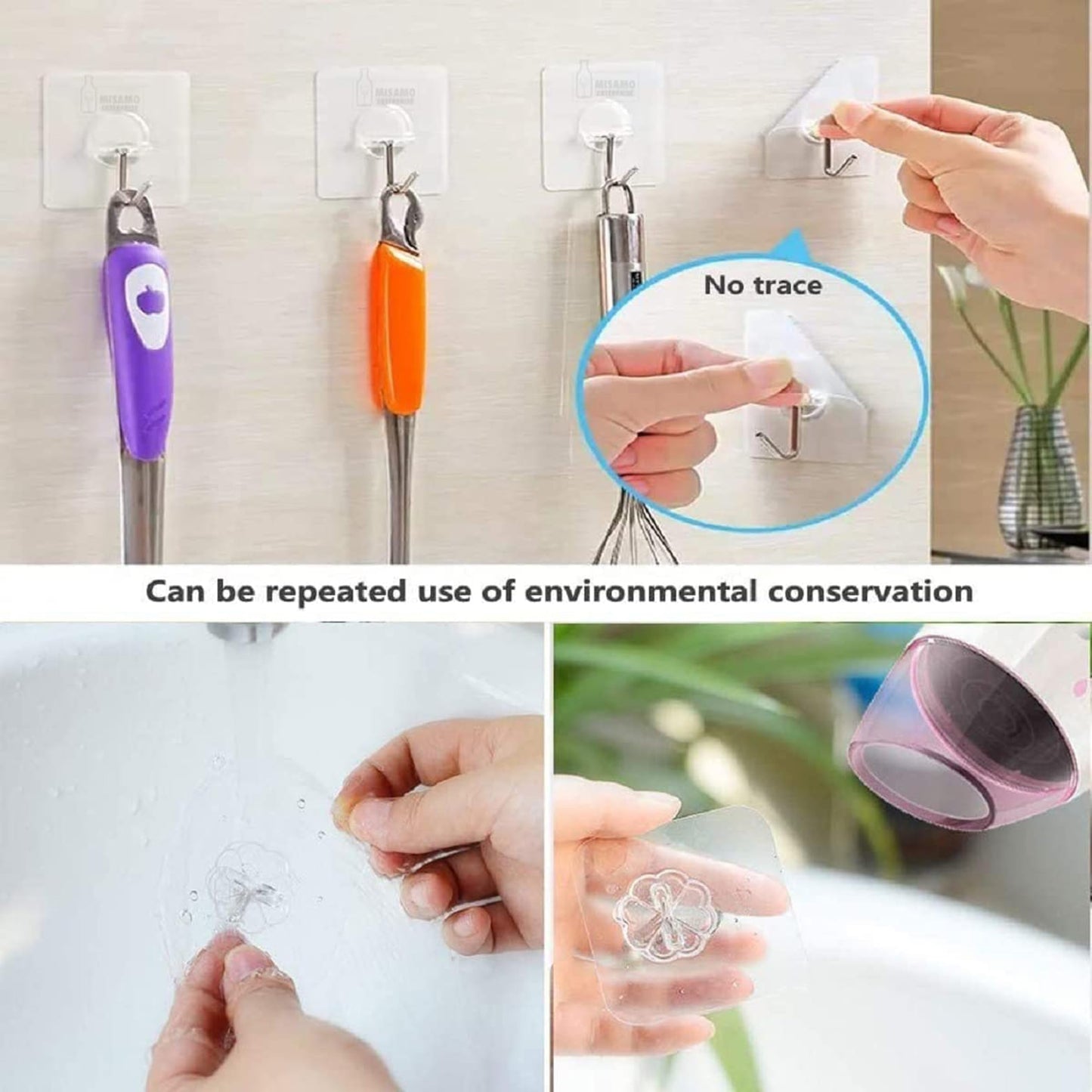 JIALTO 10 Pcs Stainless Steel, PVC, ABS Nail Free Seamless Adhesive Non-Trace No Drilling Installation Hanging, Waterproof Screws Wall Hook (Transparent)