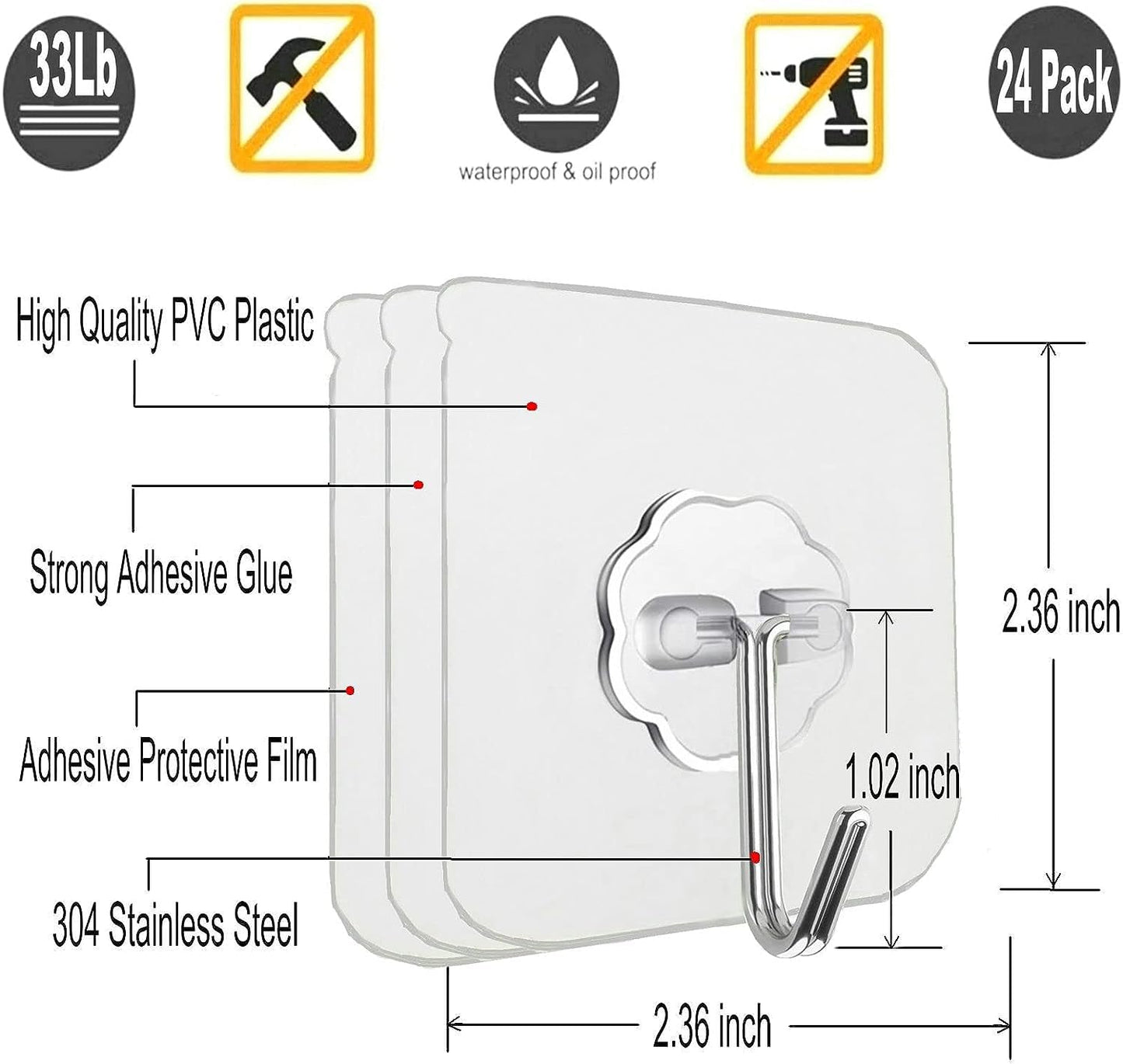 JIALTO 10 Pcs Stainless Steel, PVC, ABS Nail Free Seamless Adhesive Non-Trace No Drilling Installation Hanging, Waterproof Screws Wall Hook (Transparent)