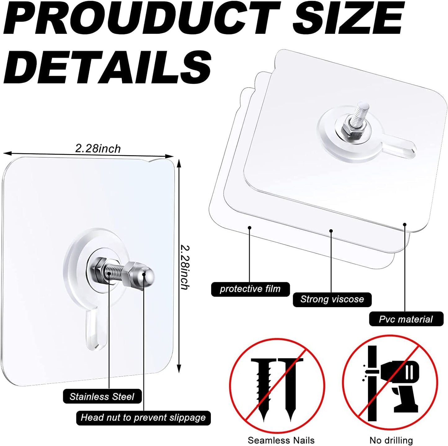 JIALTO 10 Pcs Stainless Steel, PVC, ABS Nail Free Seamless Adhesive Non-Trace No Drilling Installation Hanging, Waterproof Screws Wall Hook (Transparent)