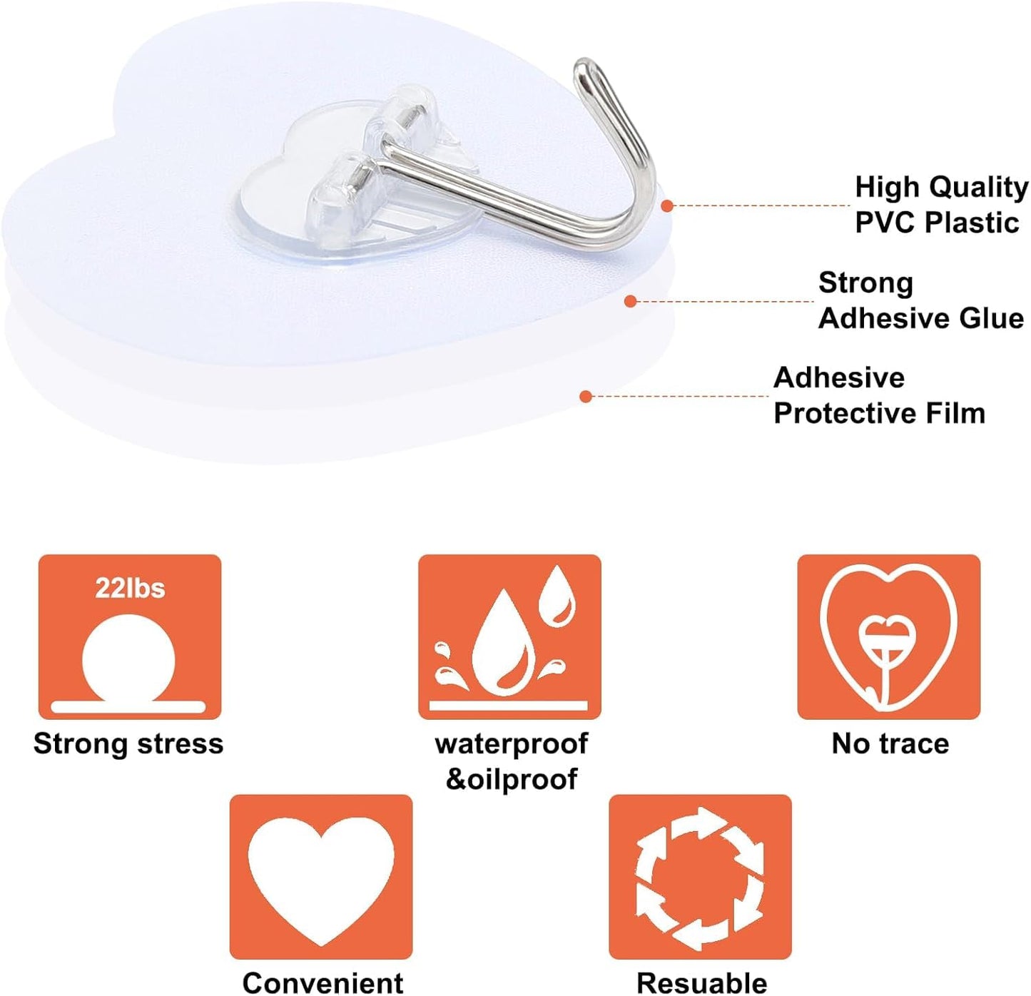 JIALTO 10 Pcs Stainless Steel, PVC, ABS Nail Free Seamless Adhesive Non-Trace No Drilling Installation Hanging, Waterproof Screws Wall Hook (Transparent)