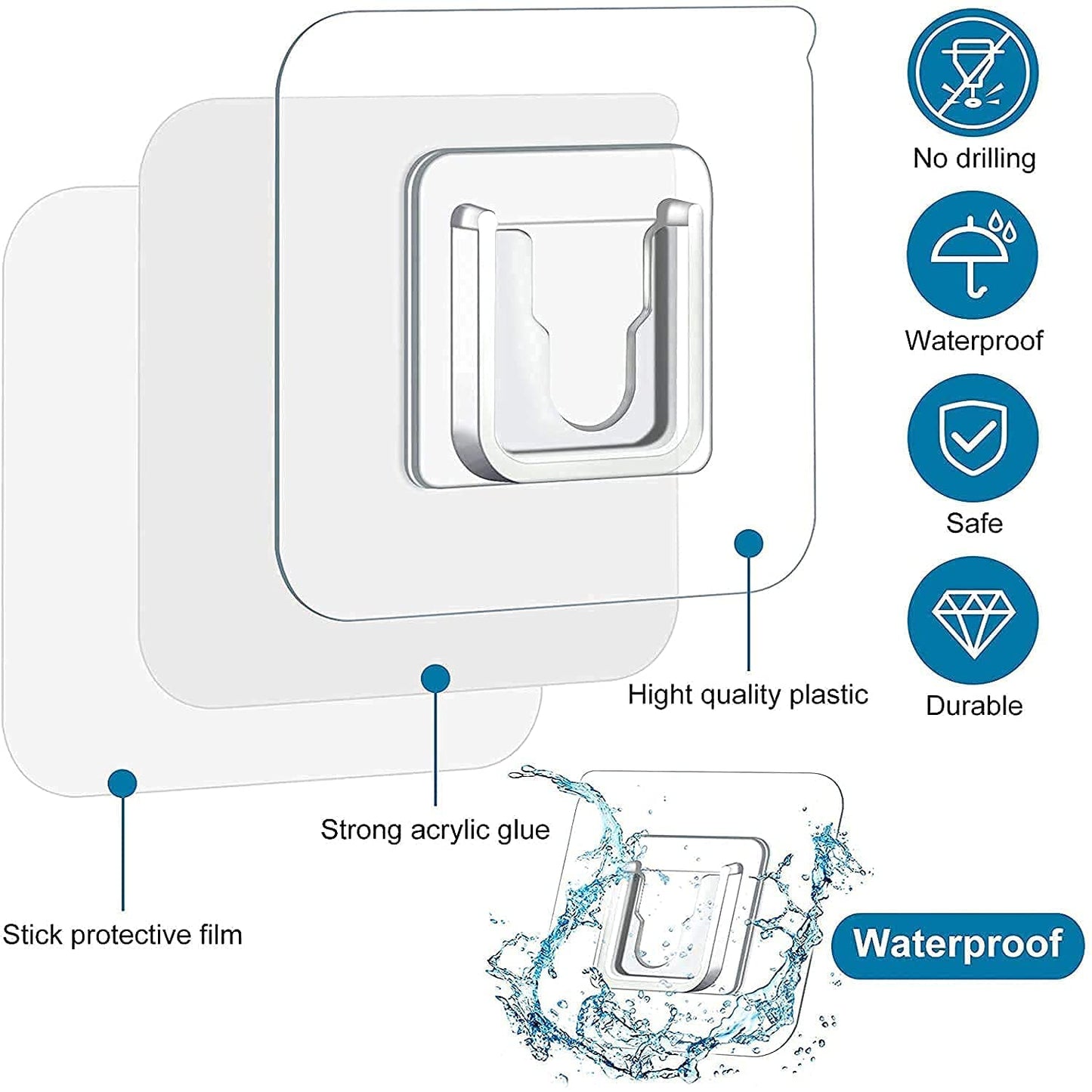 JIALTO 10 Pcs Stainless Steel, PVC, ABS Nail Free Seamless Adhesive Non-Trace No Drilling Installation Hanging, Waterproof Screws Wall Hook (Transparent)