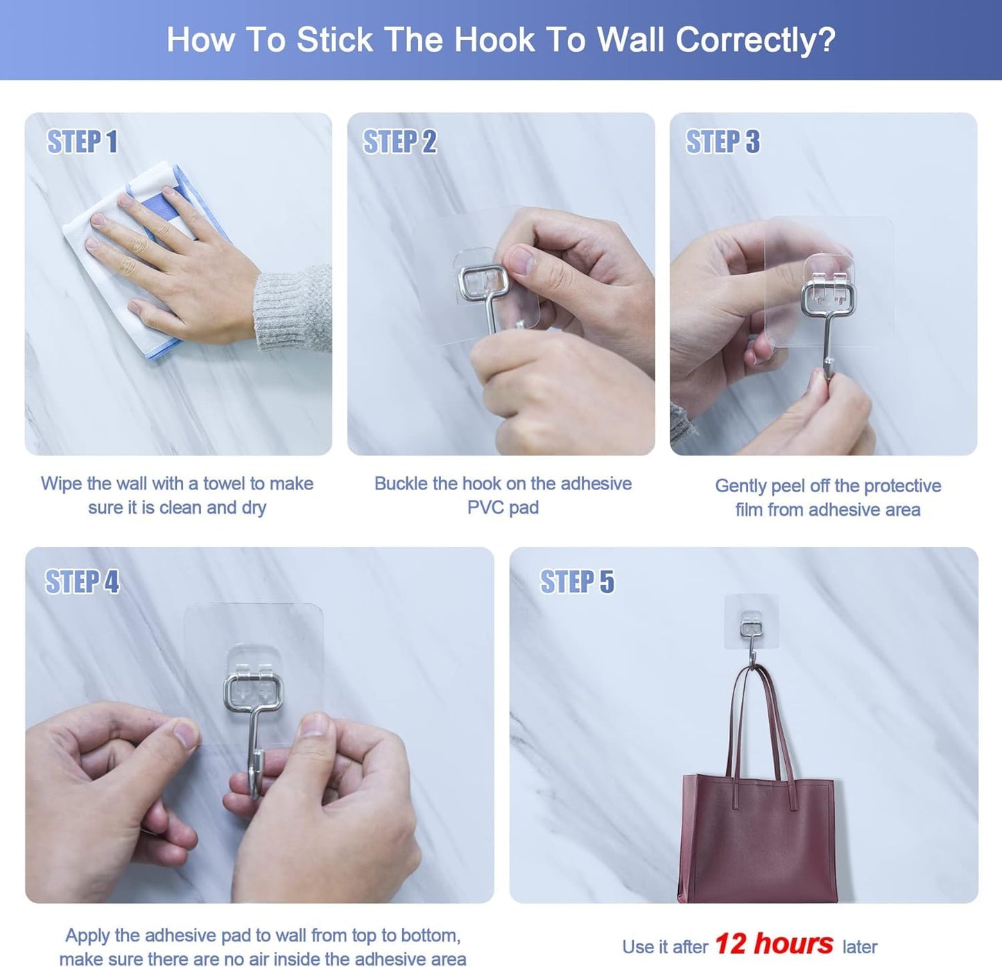 JIALTO 10 Pcs Stainless Steel, PVC, ABS Nail Free Seamless Adhesive Non-Trace No Drilling Installation Hanging, Waterproof Screws Wall Hook (Transparent)