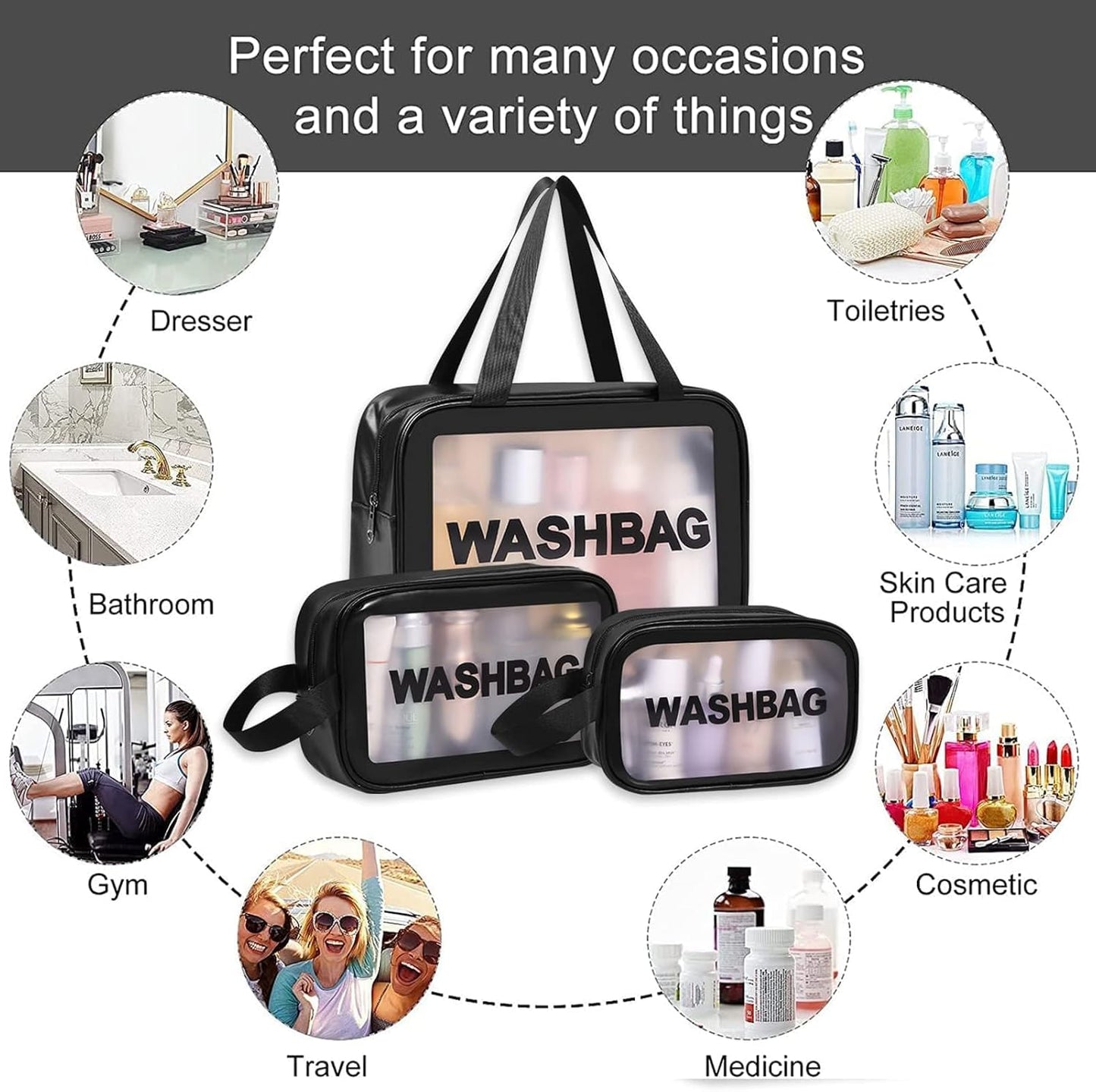 KUKLAR Wash Bag Pouch for Travel Kit Toiletry Bag Cosmetic Bag Make Up Box for Brushes,Accessories with Handle,Large Capacity Translucent Waterproof Travel Storage OrganizerSet of 3(Sky Blue)