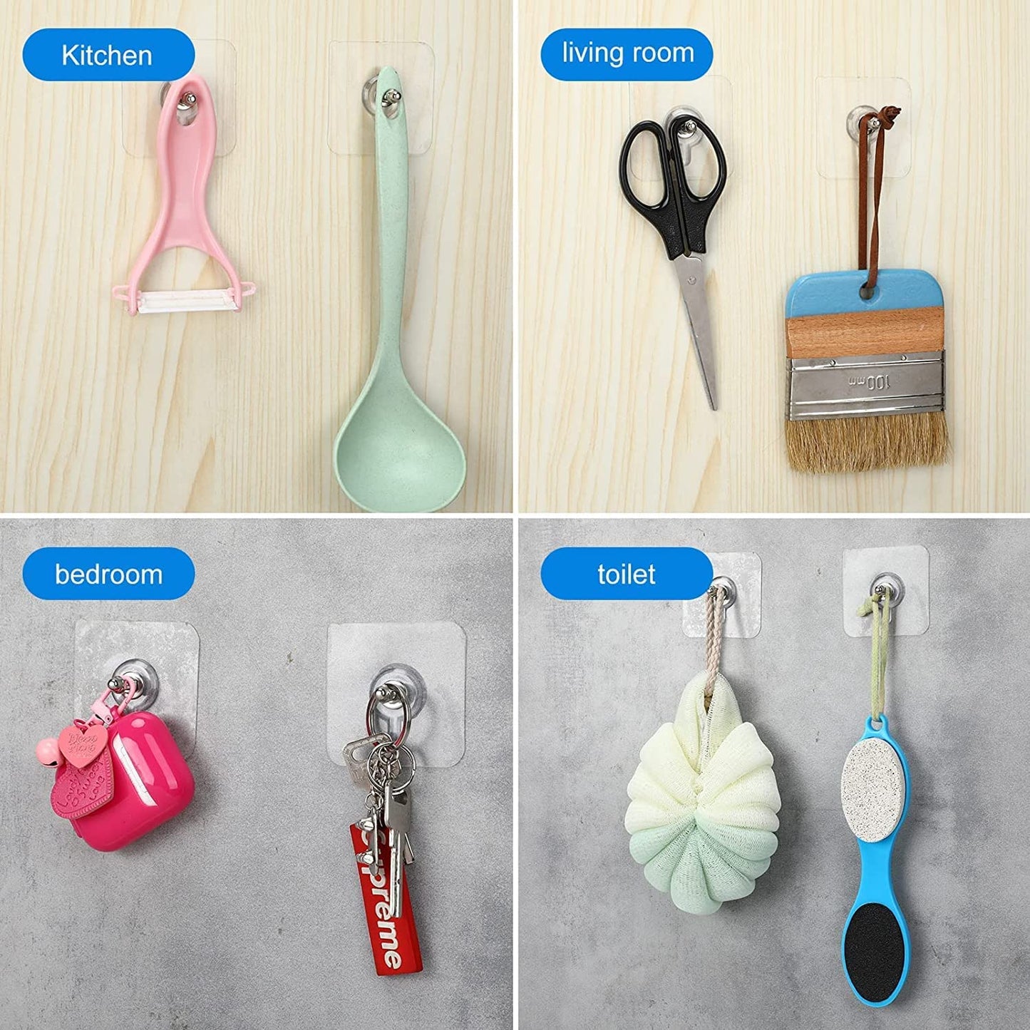 JIALTO 10 Pcs Stainless Steel, PVC, ABS Nail Free Seamless Adhesive Non-Trace No Drilling Installation Hanging, Waterproof Screws Wall Hook (Transparent)